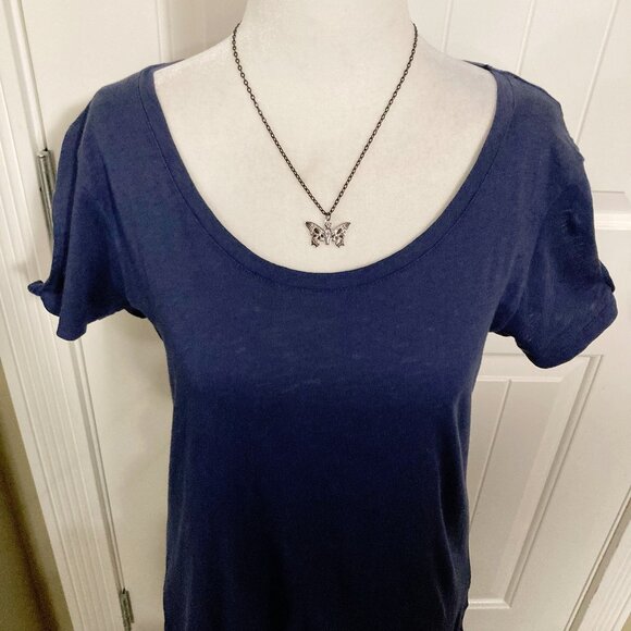PHARAPHRASE Heathered dark blue peak-a-boo cutout sleeve t-shirt SMALL MEDIUM - Picture 5 of 15